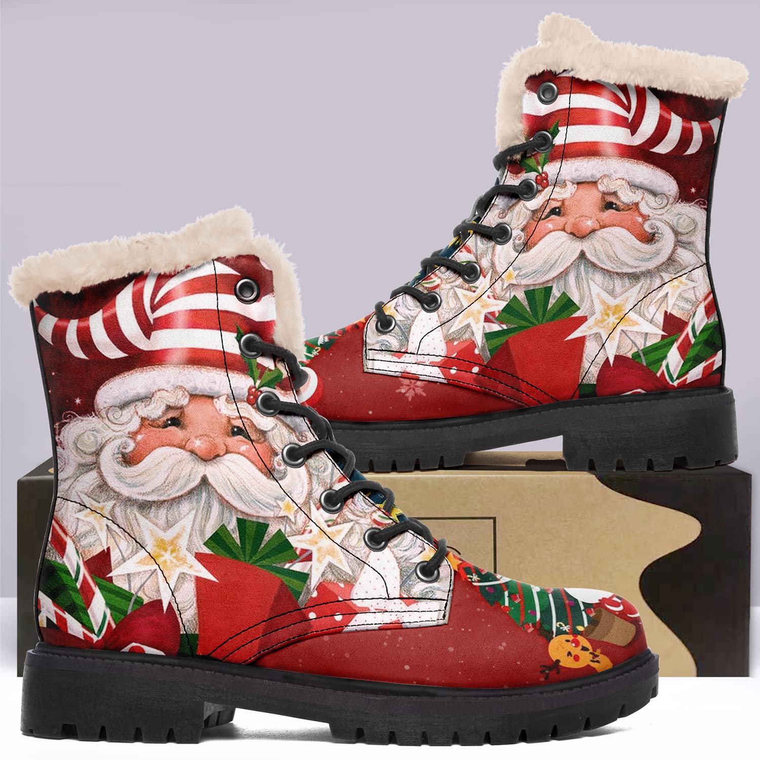 Зимние сапоги для женщин, изготовленные на заказ рождественские сапоги с принтом Санта-Клауса, женские ботильоны на меху на шнуровке 